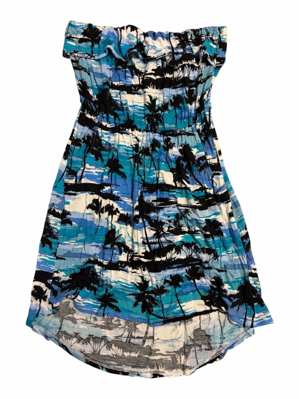 Garage Blue Tropical Strapless Palm-Print Dress